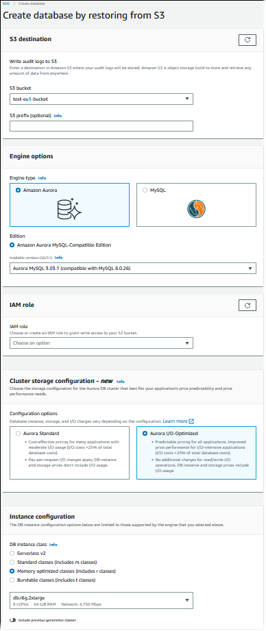 La página en la que especifica los detalles para restaurar un clúster de base de datos desde S3