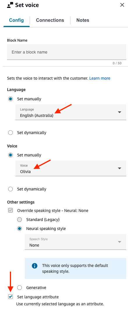 The properties page of the Set voice block configured for English (Australia).