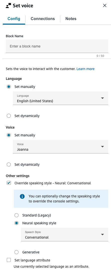 The properties page of the Set voice block.