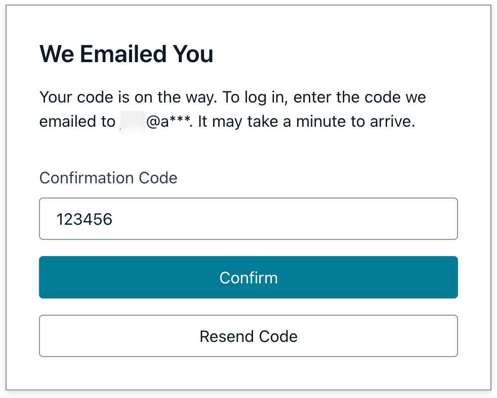 Email verification screen with a confirmation code input field, pre-filled with '123456,' and buttons for 'Confirm' and 'Resend Code.'.