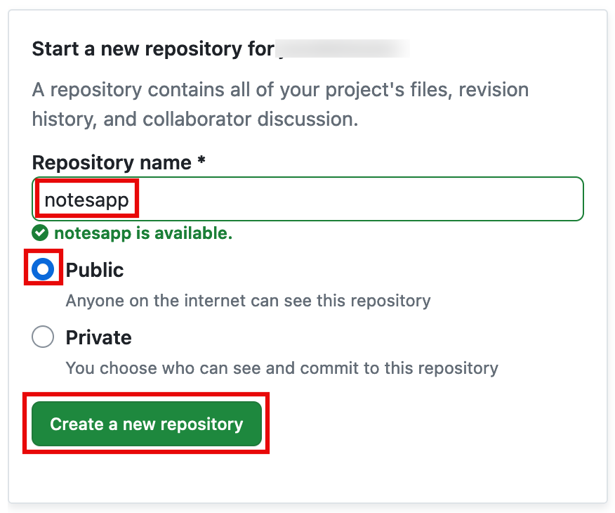 The create a new repository window with a name and public selected.