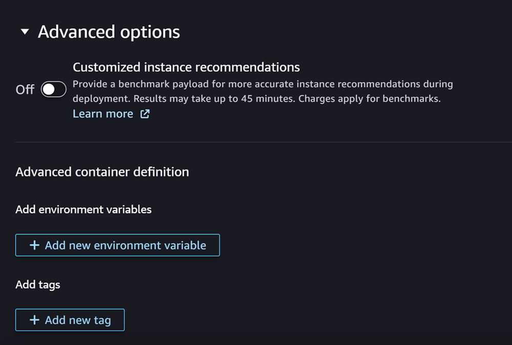 Screenshot of the Advanced options section for creating a model in Studio.