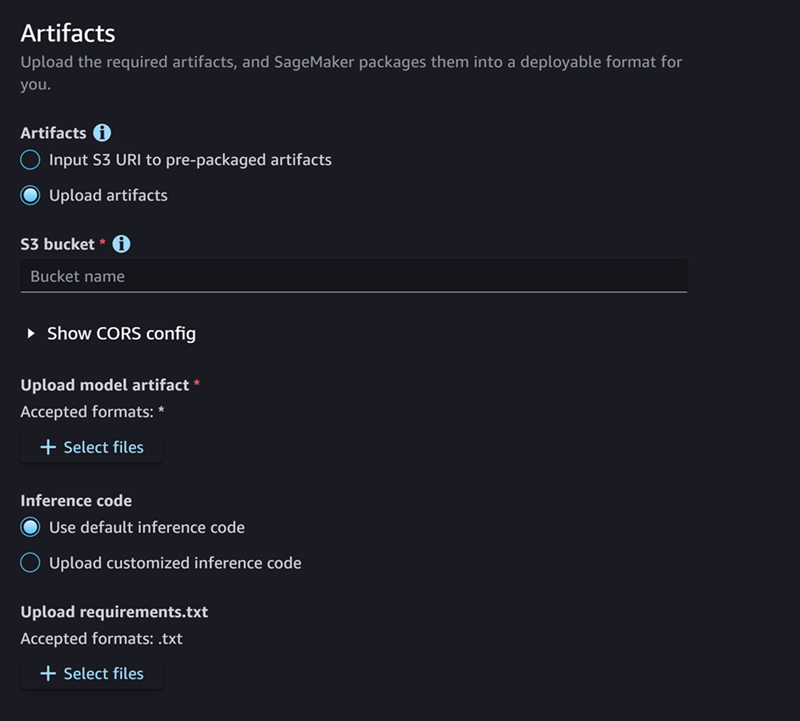 Screenshot of the Artifacts section for creating a model in Studio.